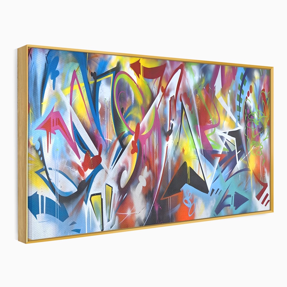 Tablou canvas cu tablou canvas cu arta graffiti colorata, in rama de aluminiu auriu